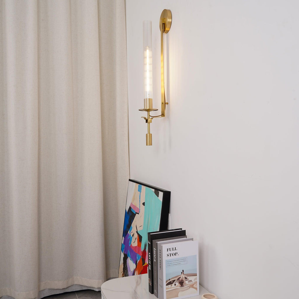 Wall Sconce, Solid Brass, Ribbed Clear Glass, E27, French Classicism