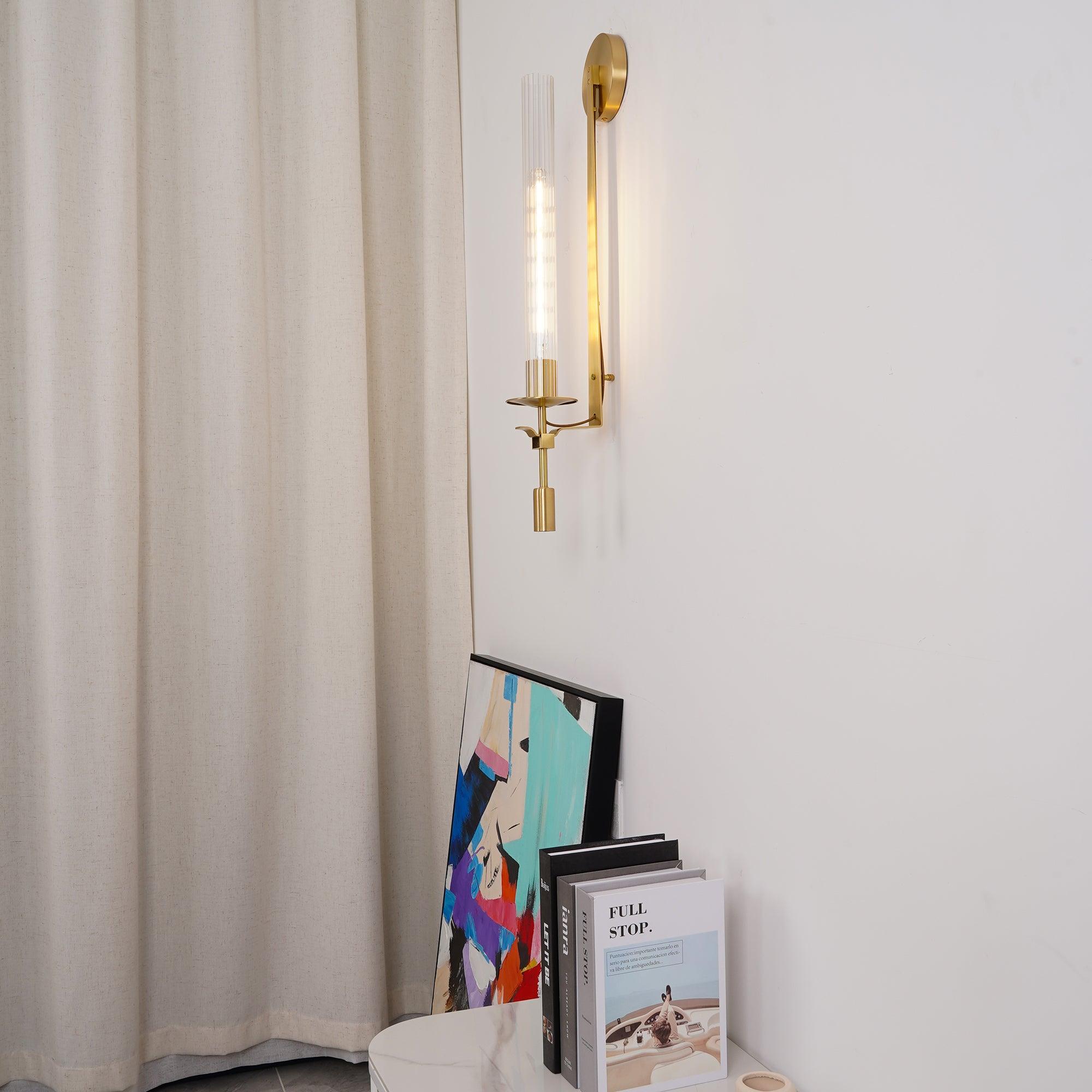Wall Sconce, Solid Brass, Ribbed Clear Glass, E27, French Classicism