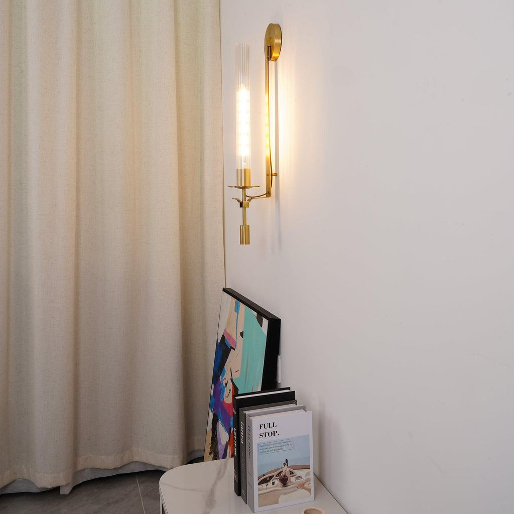 Wall Sconce, Solid Brass, Ribbed Clear Glass, E27, French Classicism