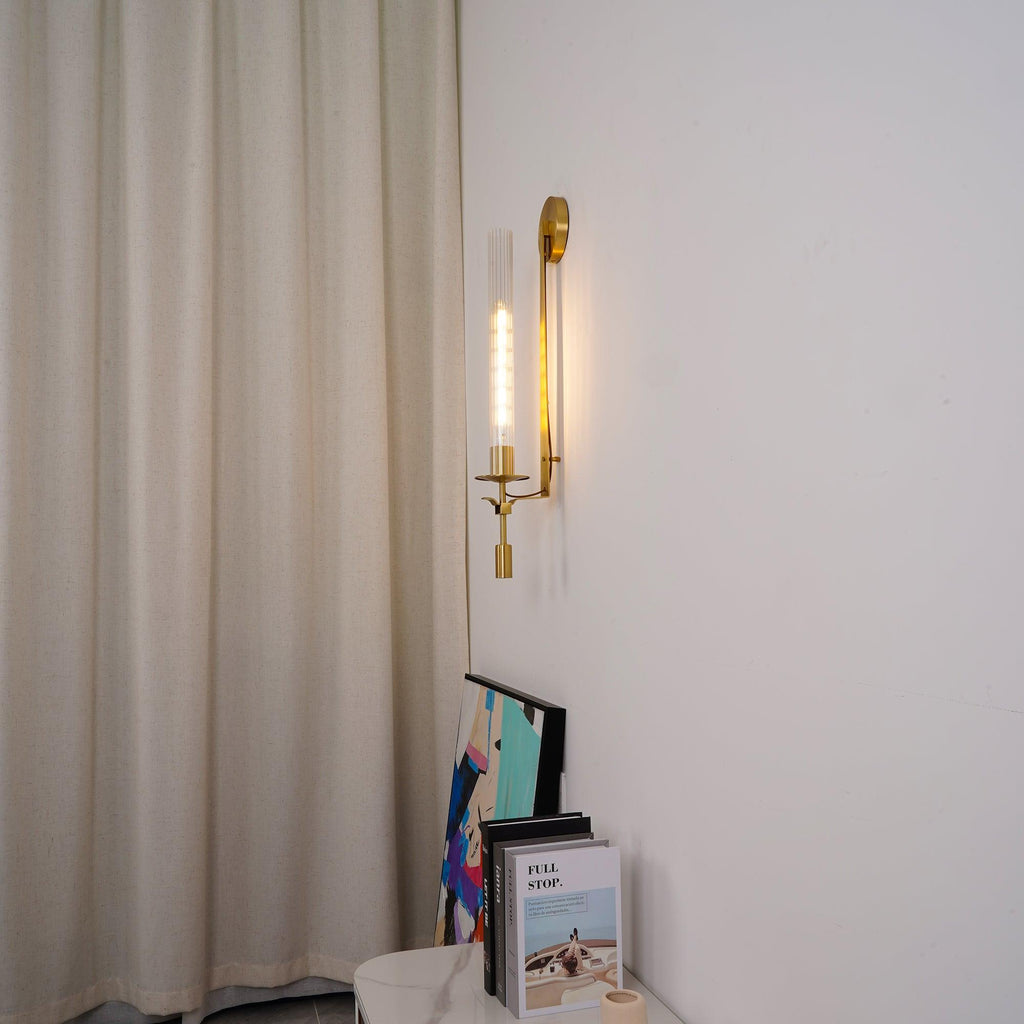 Wall Sconce, Solid Brass, Ribbed Clear Glass, E27, French Classicism