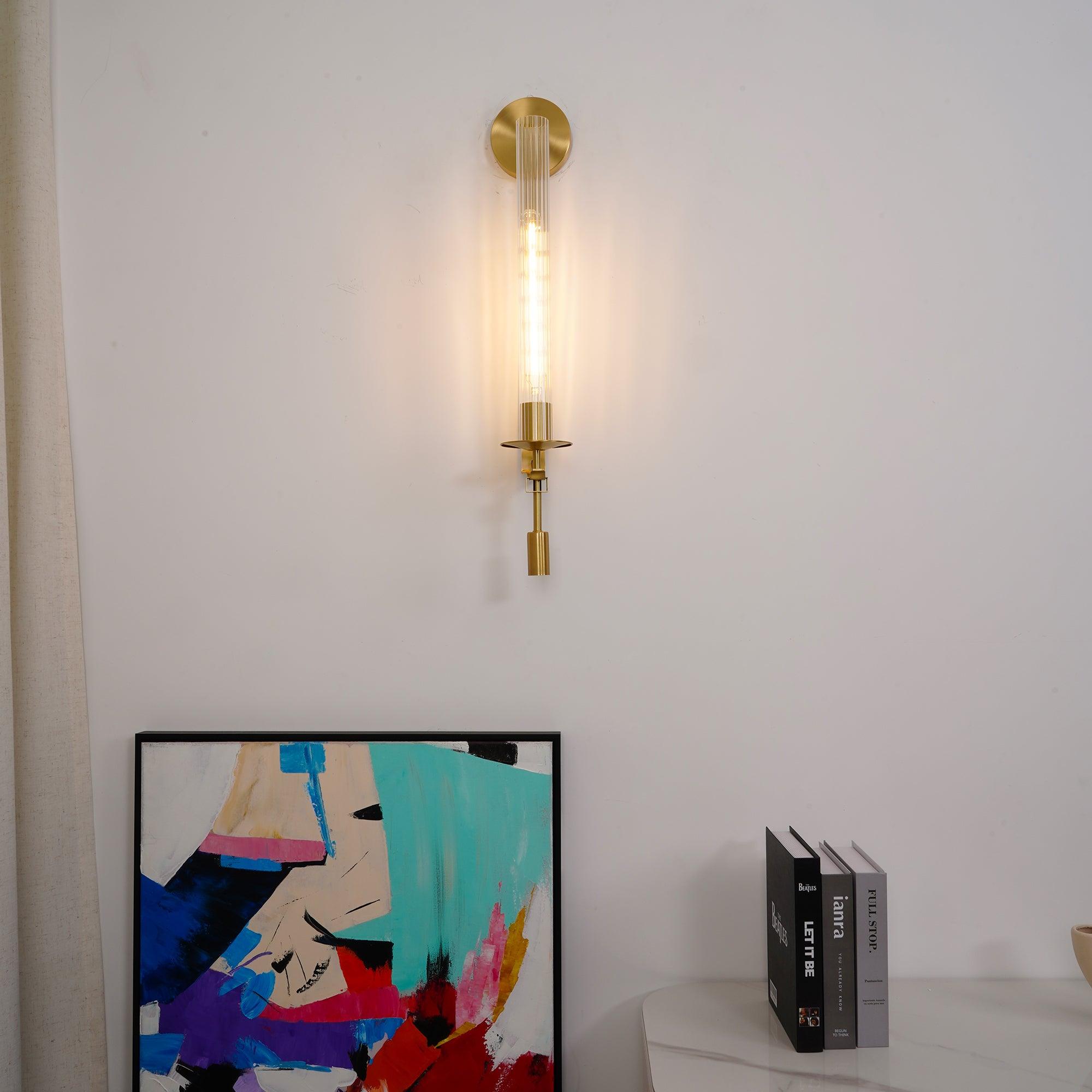Wall Sconce, Solid Brass, Ribbed Clear Glass, E27, French Classicism