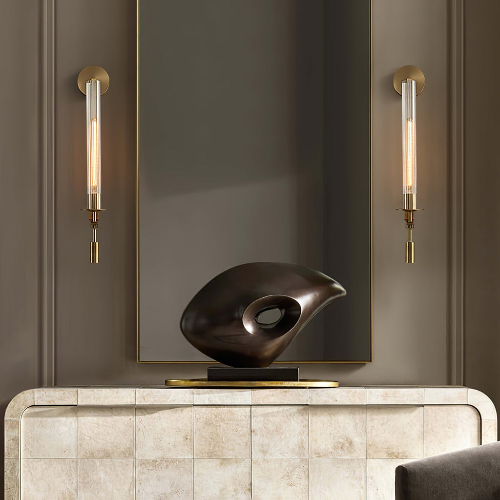 Wall Sconce, Solid Brass, Ribbed Clear Glass, E27, French Classicism