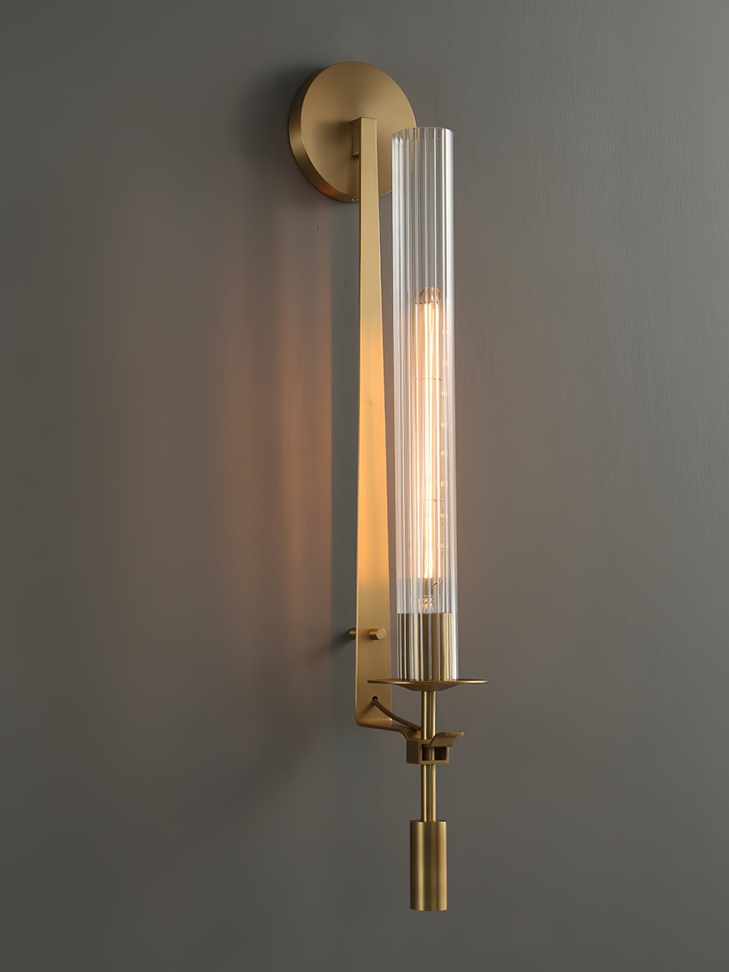 Wall Sconce, Solid Brass, Ribbed Clear Glass, E27, French Classicism