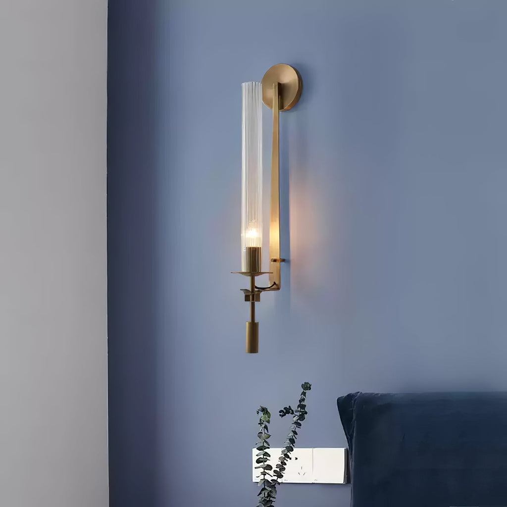 Wall Sconce, Solid Brass, Ribbed Clear Glass, E27, French Classicism