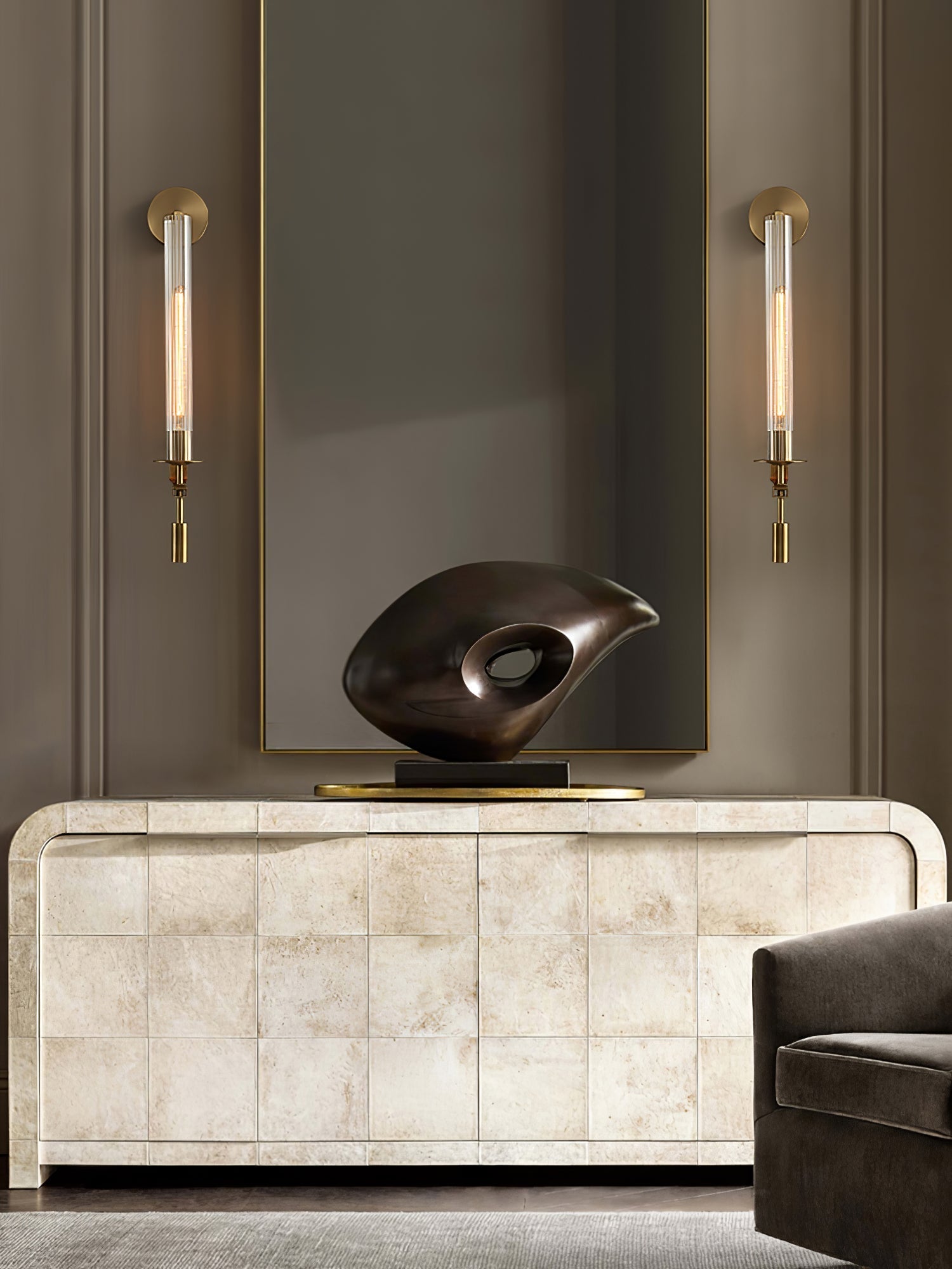 Wall Sconce, Solid Brass, Ribbed Clear Glass, E27, French Classicism
