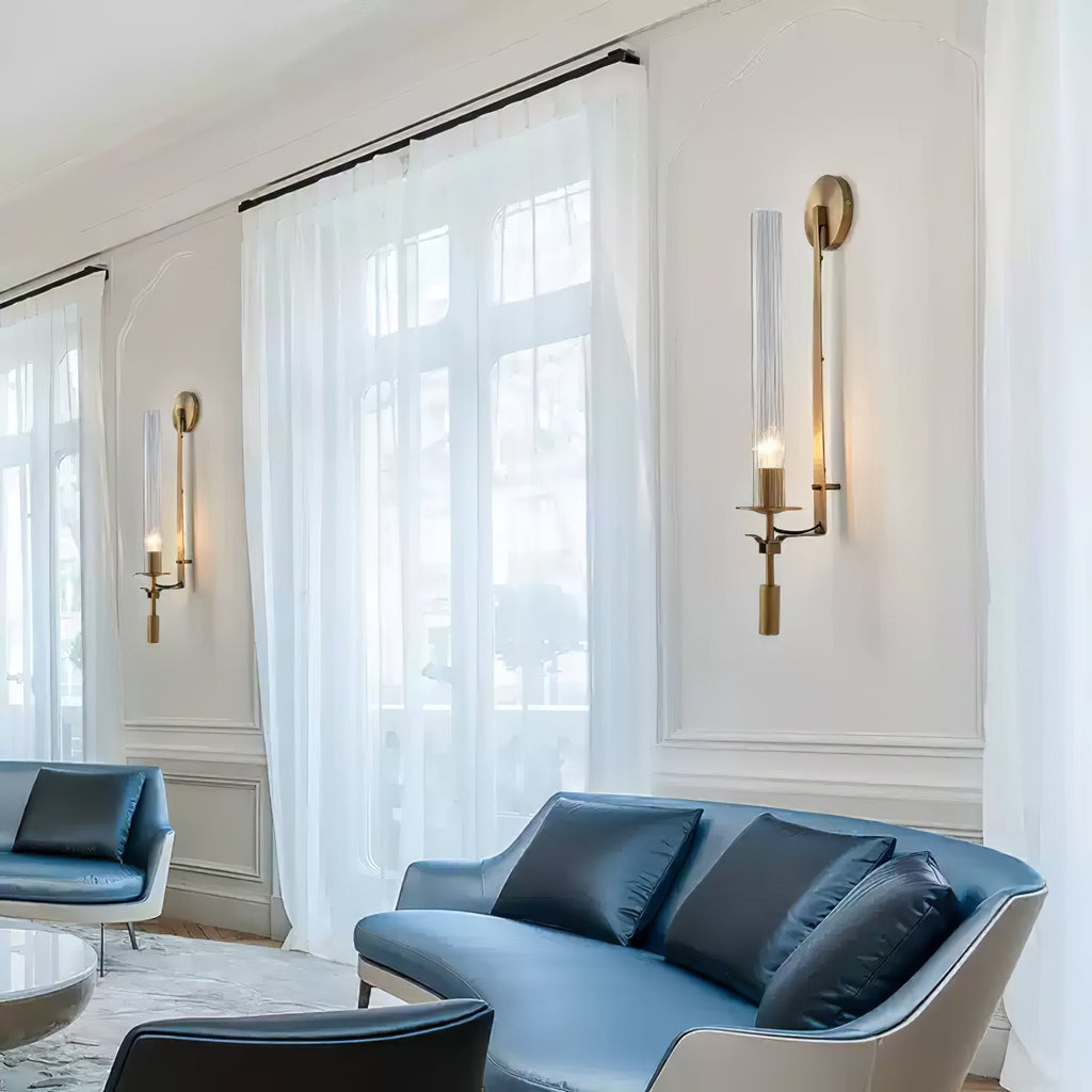 Wall Sconce, Solid Brass, Ribbed Clear Glass, E27, French Classicism