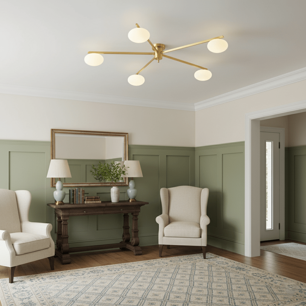 Ceiling Light, Jasper Brass Sputnik, White Glass Oval Shades, G9, Low Profile