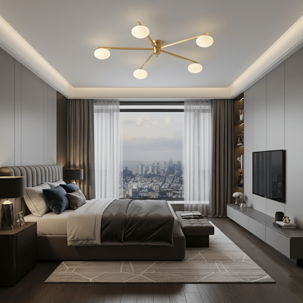 Ceiling Light, Jasper Brass Sputnik, White Glass Oval Shades, G9, Low Profile