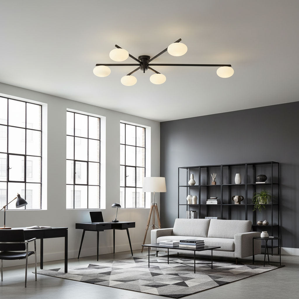 Ceiling Light, Jasper Brass Sputnik, White Glass Oval Shades, G9, Low Profile