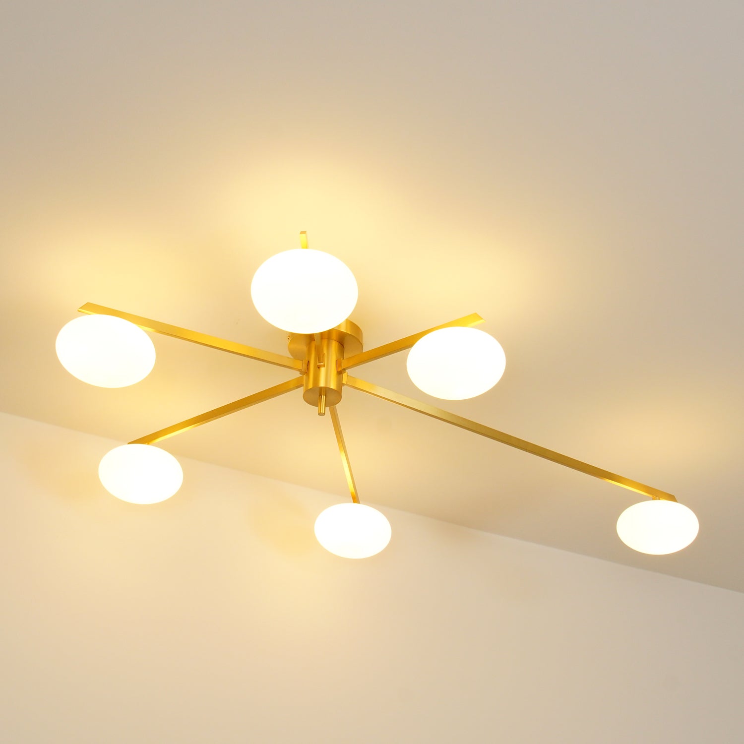 Ceiling Light, Jasper Brass Sputnik, White Glass Oval Shades, G9, Low Profile