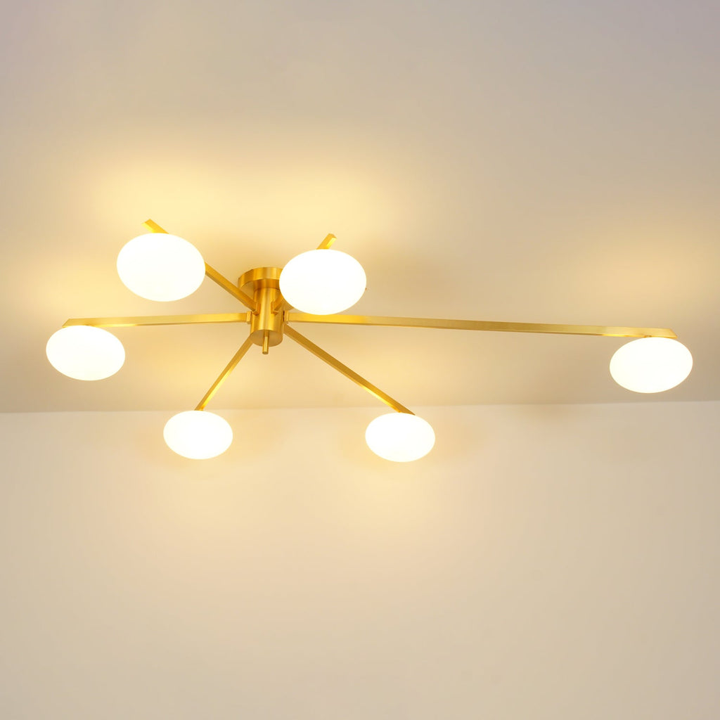 Ceiling Light, Jasper Brass Sputnik, White Glass Oval Shades, G9, Low Profile
