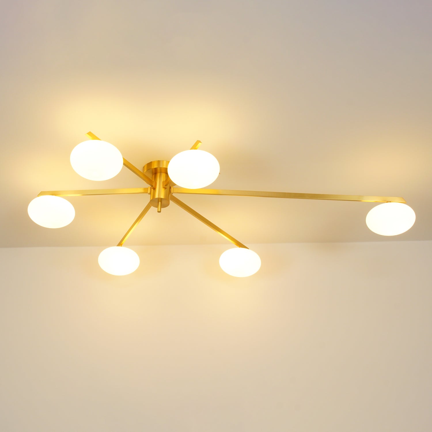 Ceiling Light, Jasper Brass Sputnik, White Glass Oval Shades, G9, Low Profile