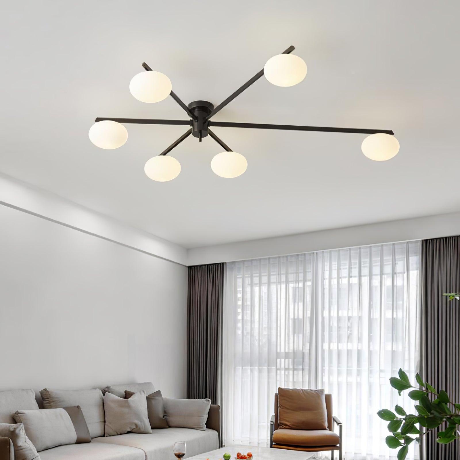 Ceiling Light, Jasper Brass Sputnik, White Glass Oval Shades, G9, Low Profile