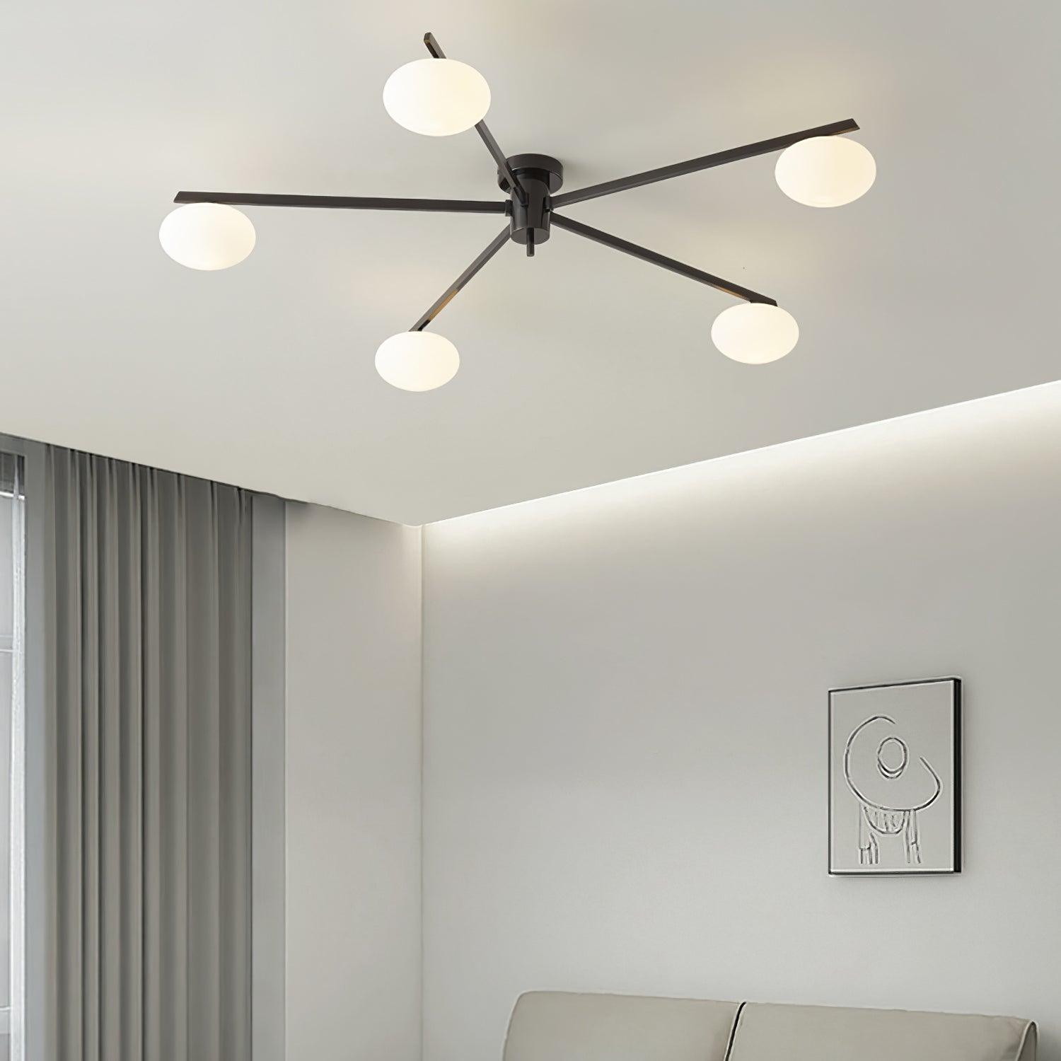 Ceiling Light, Jasper Brass Sputnik, White Glass Oval Shades, G9, Low Profile