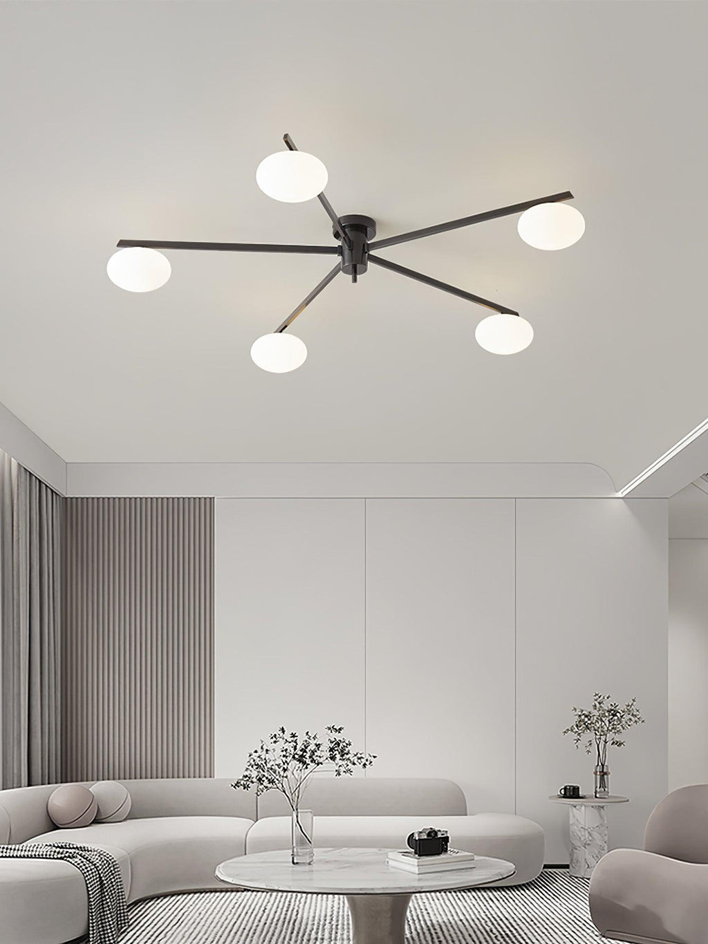 Ceiling Light, Jasper Brass Sputnik, White Glass Oval Shades, G9, Low Profile