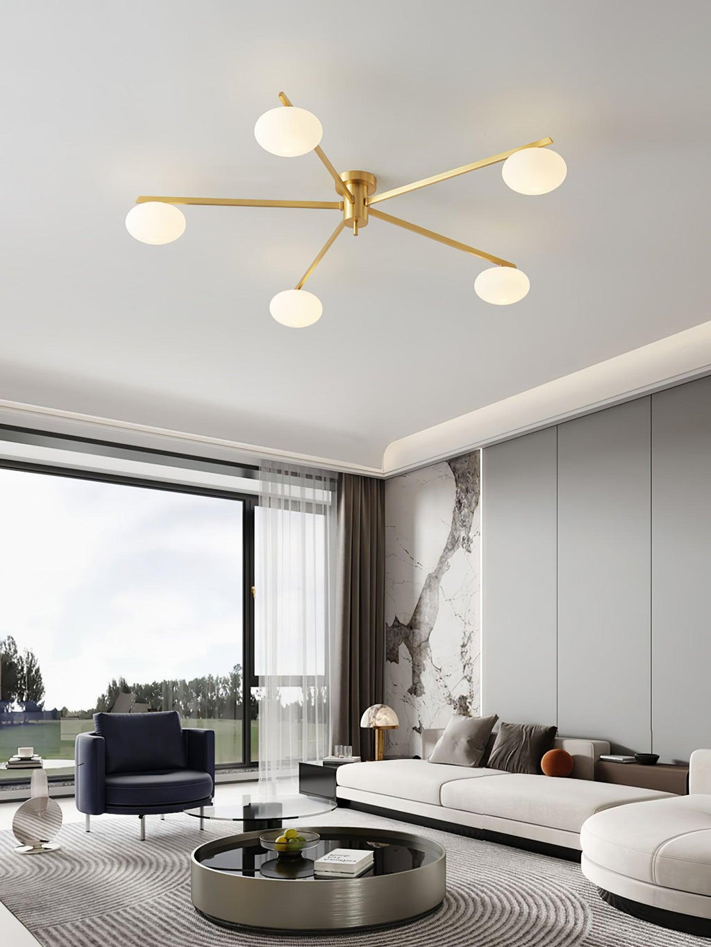 Ceiling Light, Jasper Brass Sputnik, White Glass Oval Shades, G9, Low Profile