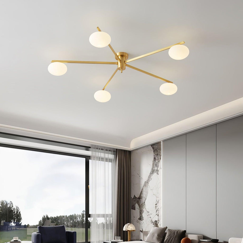 Ceiling Light, Jasper Brass Sputnik, White Glass Oval Shades, G9, Low Profile