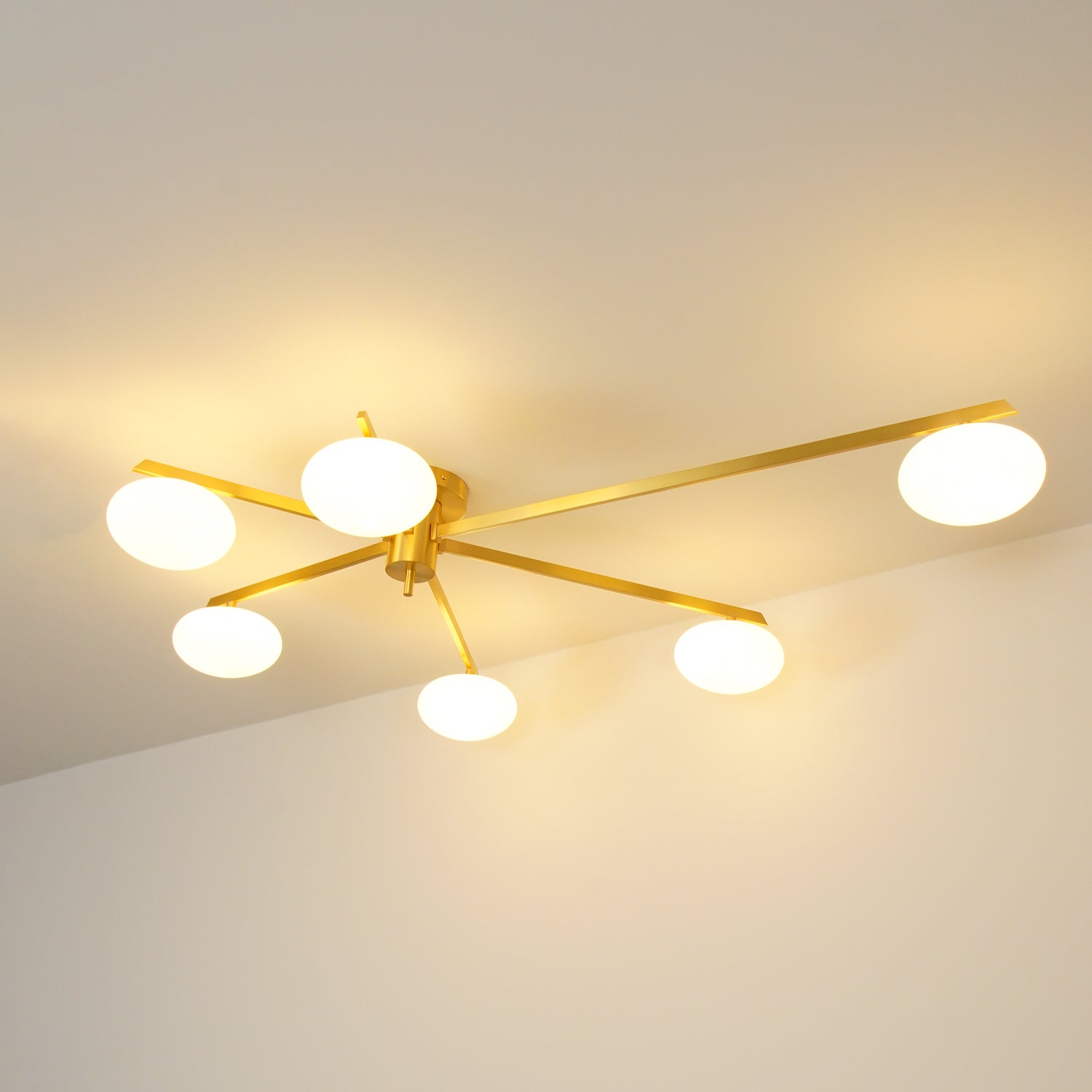 Ceiling Light, Jasper Brass Sputnik, White Glass Oval Shades, G9, Low Profile