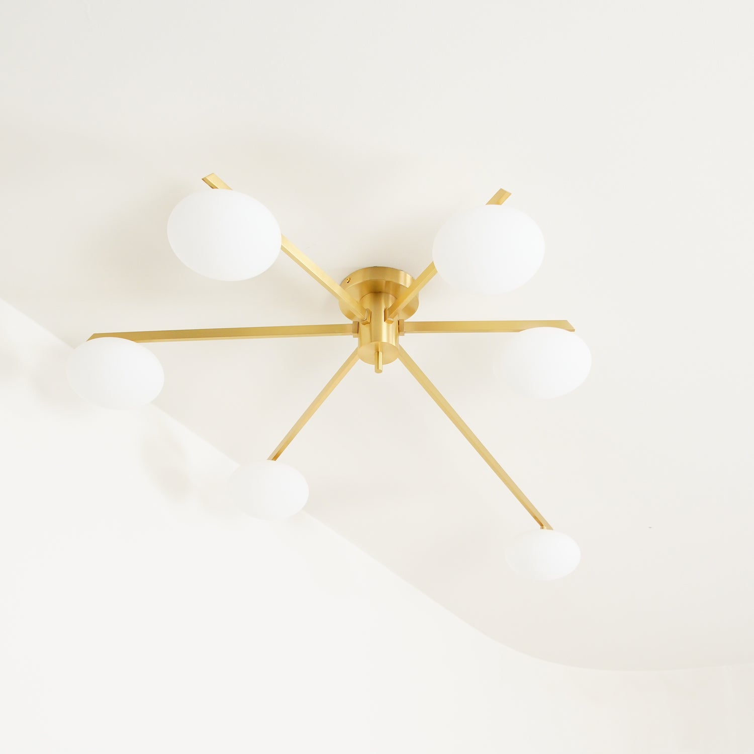 Ceiling Light, Jasper Brass Sputnik, White Glass Oval Shades, G9, Low Profile