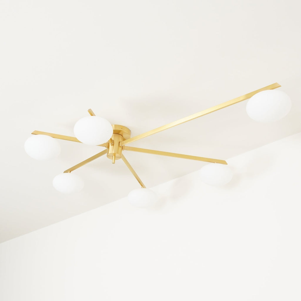 Ceiling Light, Jasper Brass Sputnik, White Glass Oval Shades, G9, Low Profile