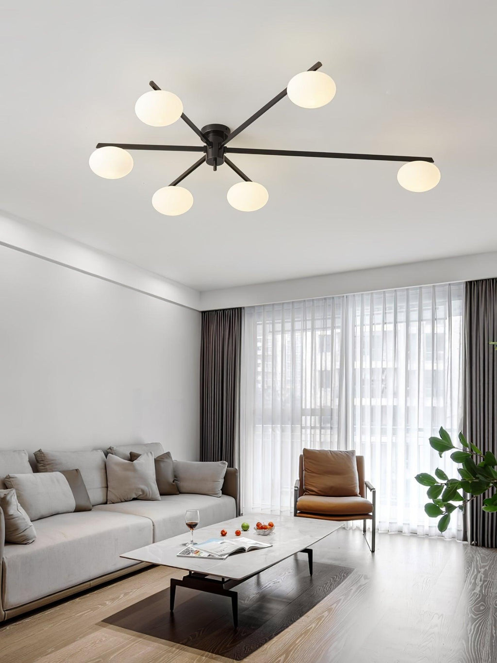 Ceiling Light, Jasper Brass Sputnik, White Glass Oval Shades, G9, Low Profile