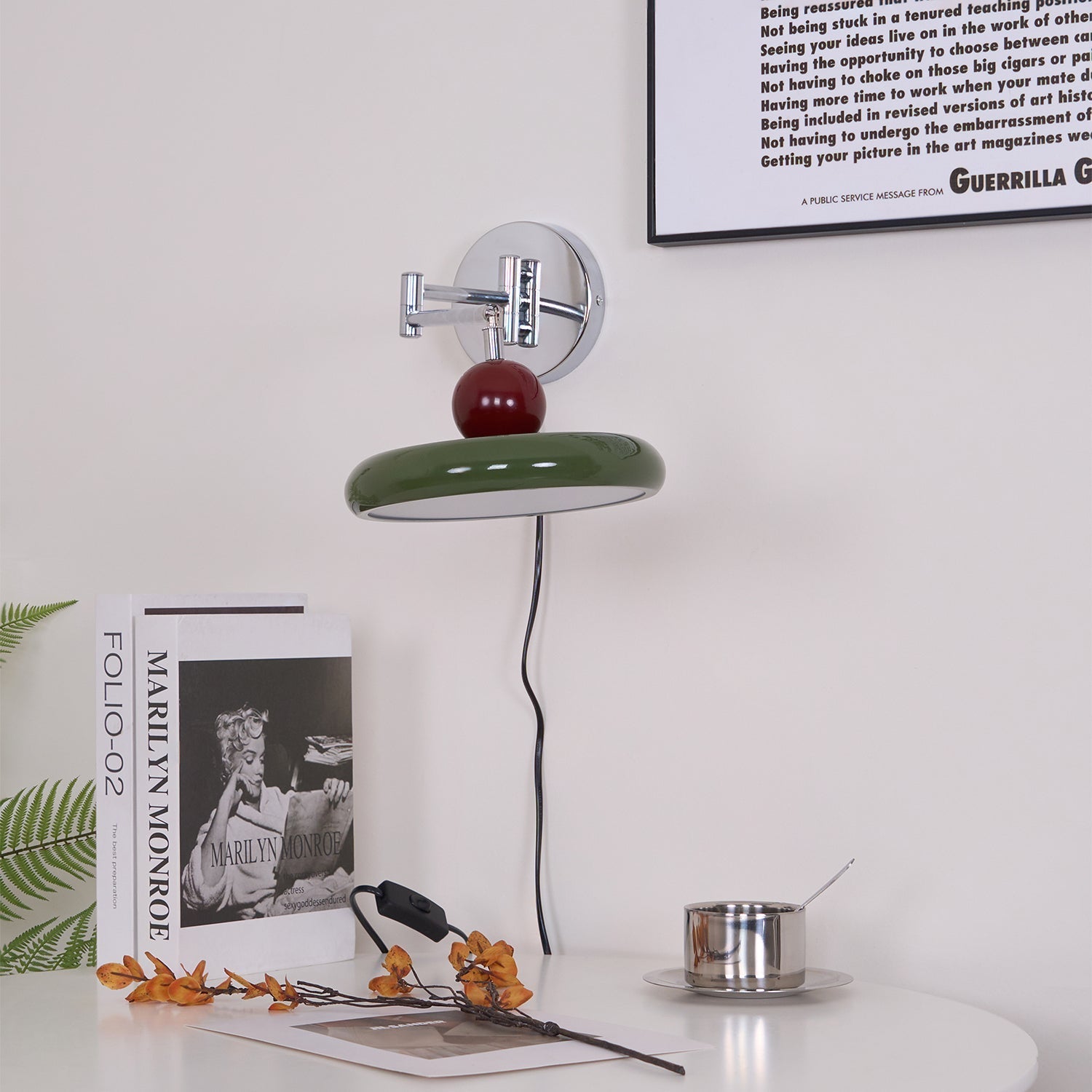 Lola Wall Lamp, Round Disc, Plug-In, Integrated LED, Chrome or Green