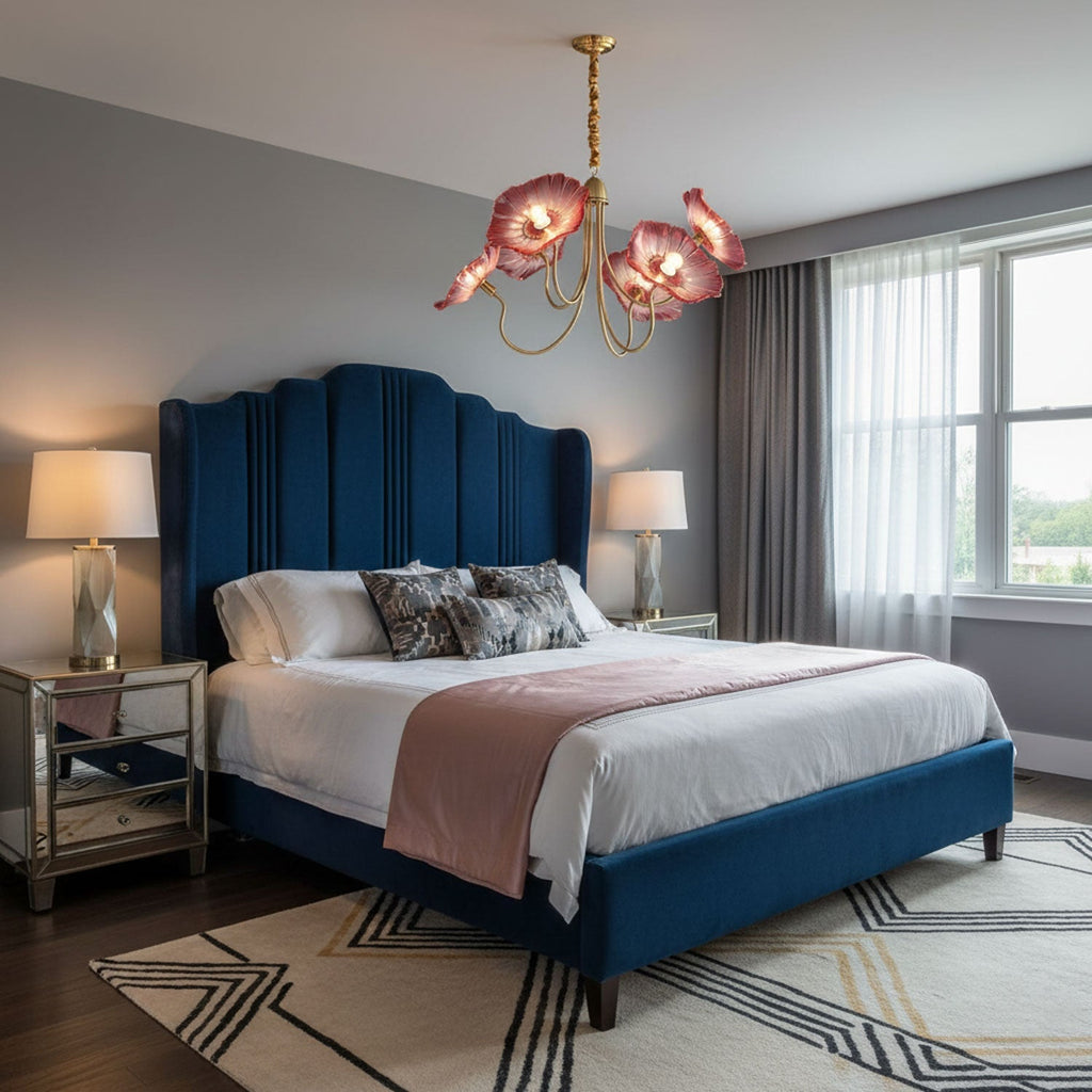 Chandelier, Frosted Leaf Glass Shades, Gold Frame, E27