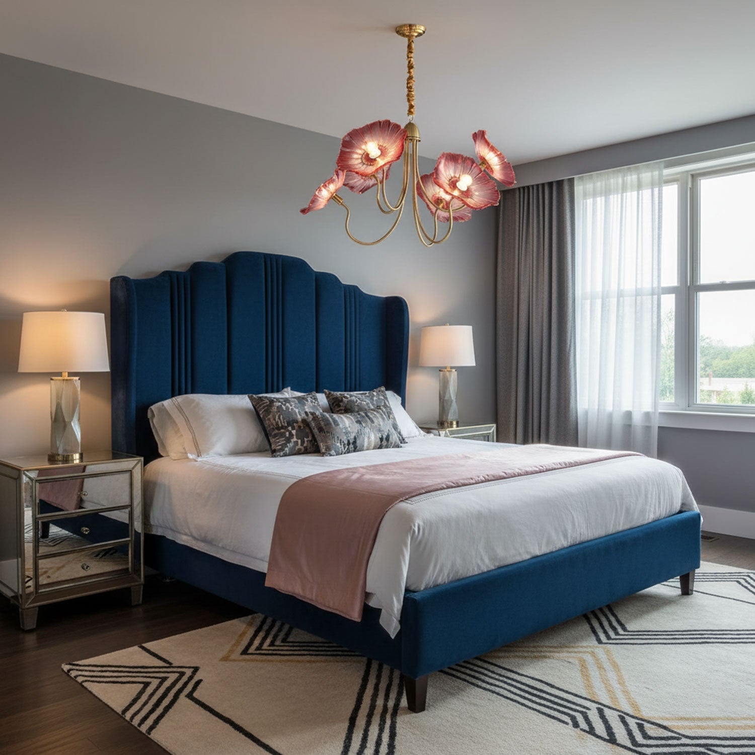 Chandelier, Frosted Leaf Glass Shades, Gold Frame, E27