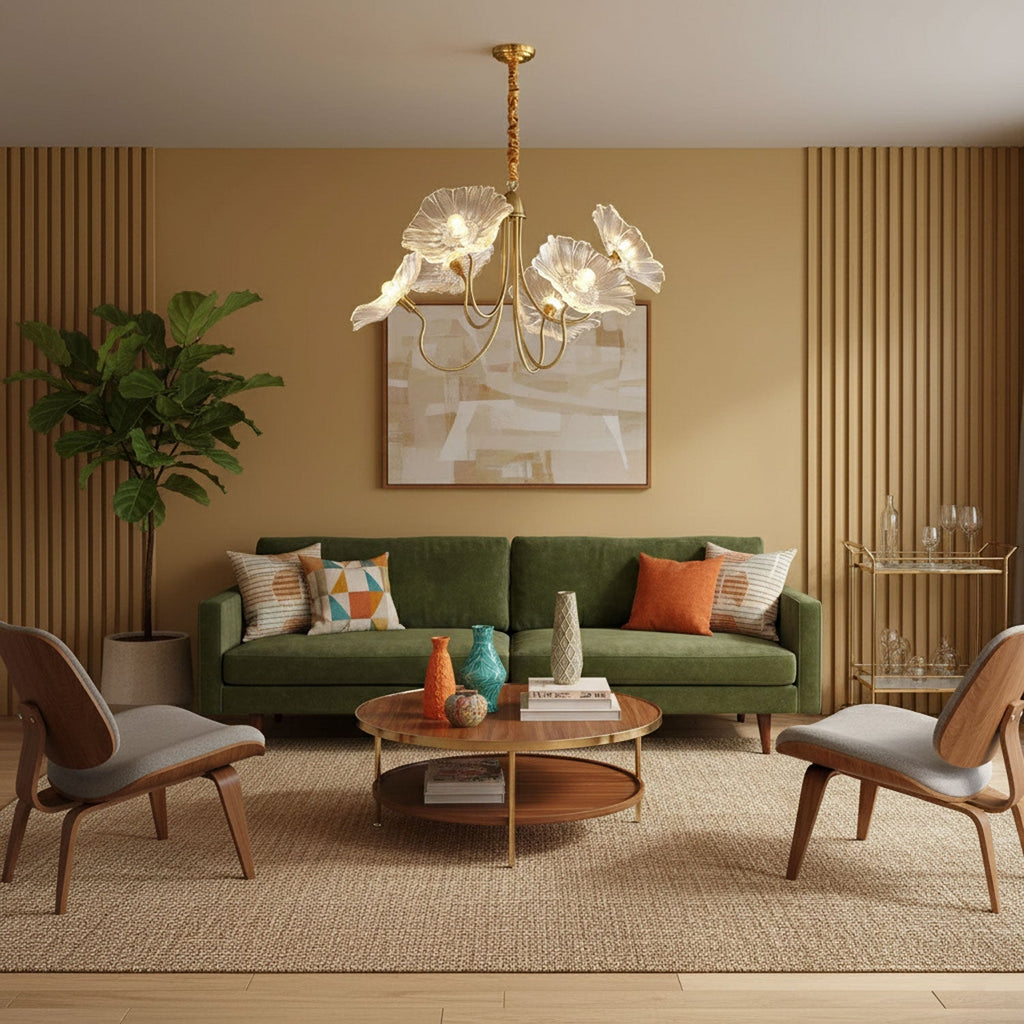 Chandelier, Frosted Leaf Glass Shades, Gold Frame, E27