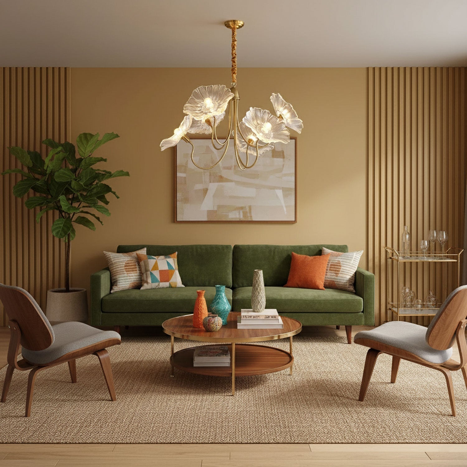 Chandelier, Frosted Leaf Glass Shades, Gold Frame, E27