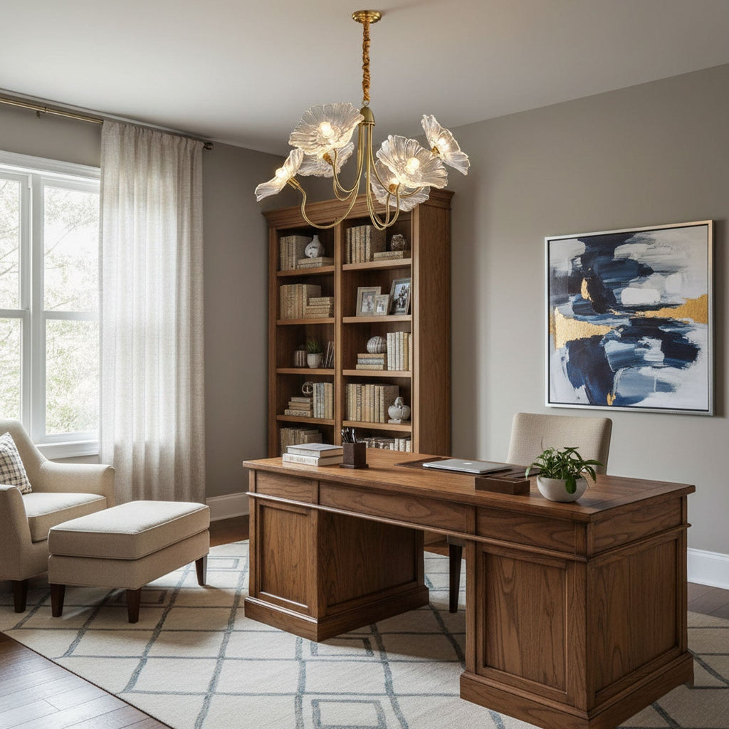 Chandelier, Frosted Leaf Glass Shades, Gold Frame, E27