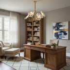 Chandelier, Frosted Leaf Glass Shades, Gold Frame, E27