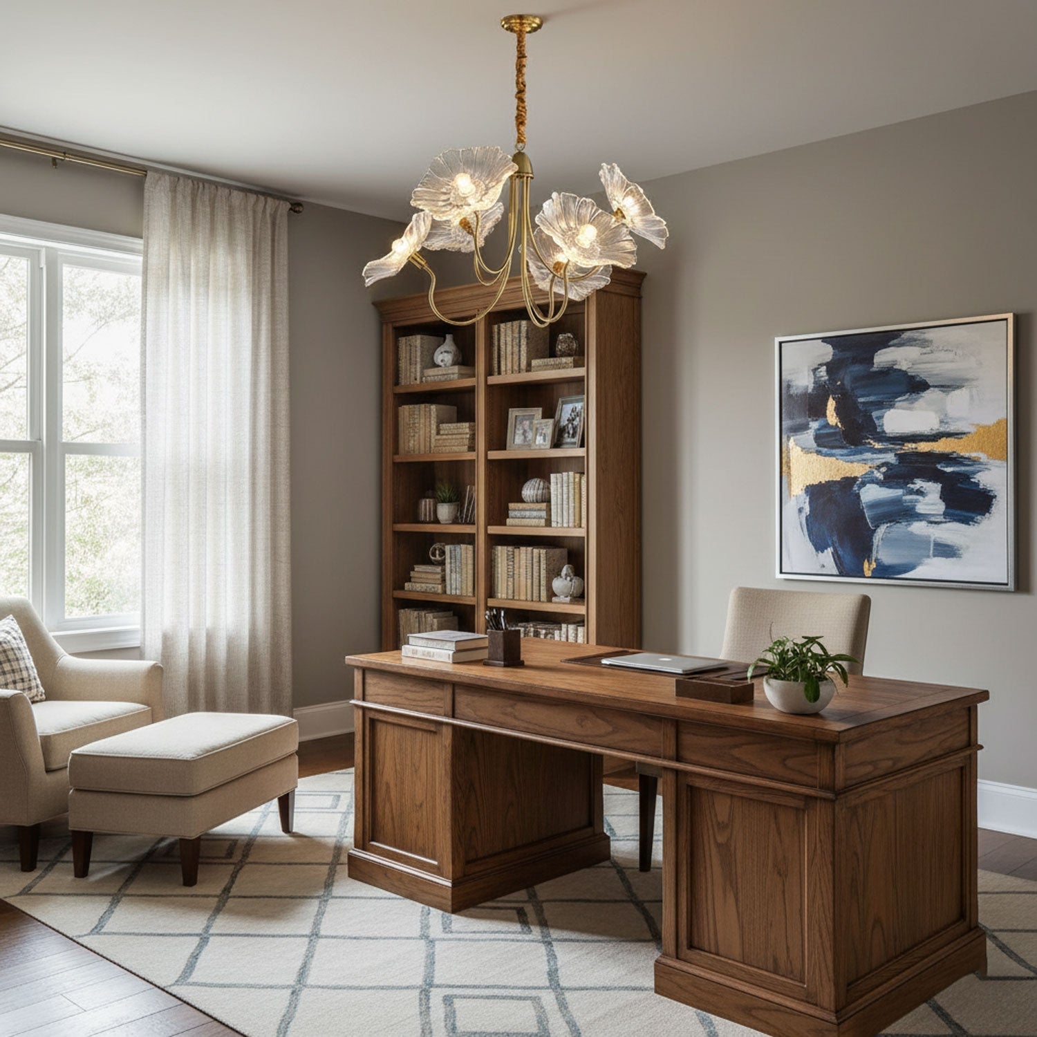 Chandelier, Frosted Leaf Glass Shades, Gold Frame, E27