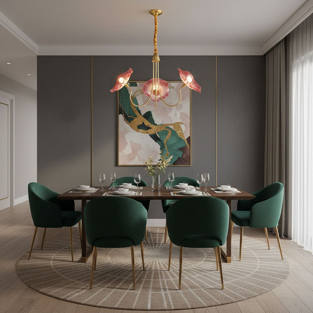 Chandelier, Frosted Leaf Glass Shades, Gold Frame, E27