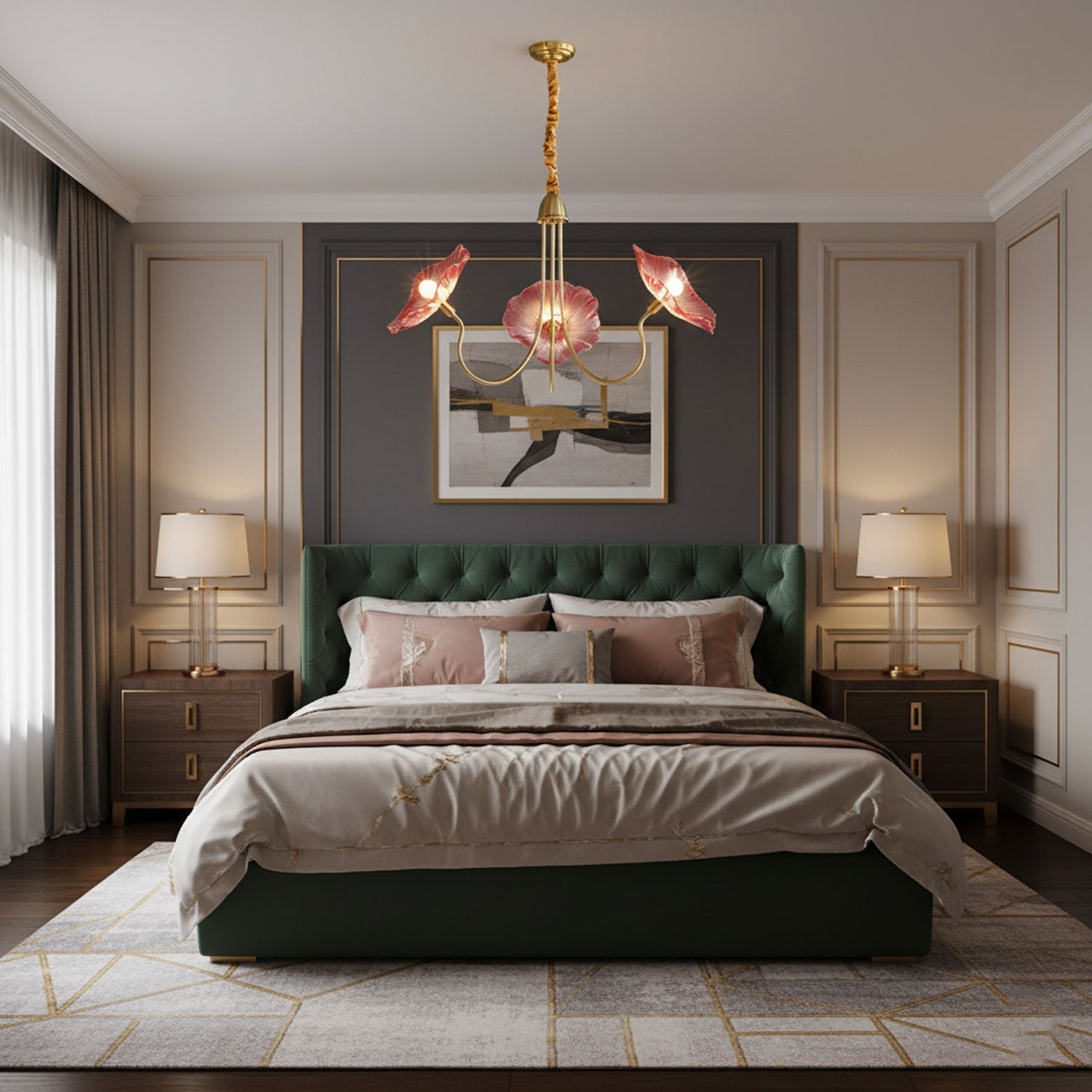 Chandelier, Frosted Leaf Glass Shades, Gold Frame, E27