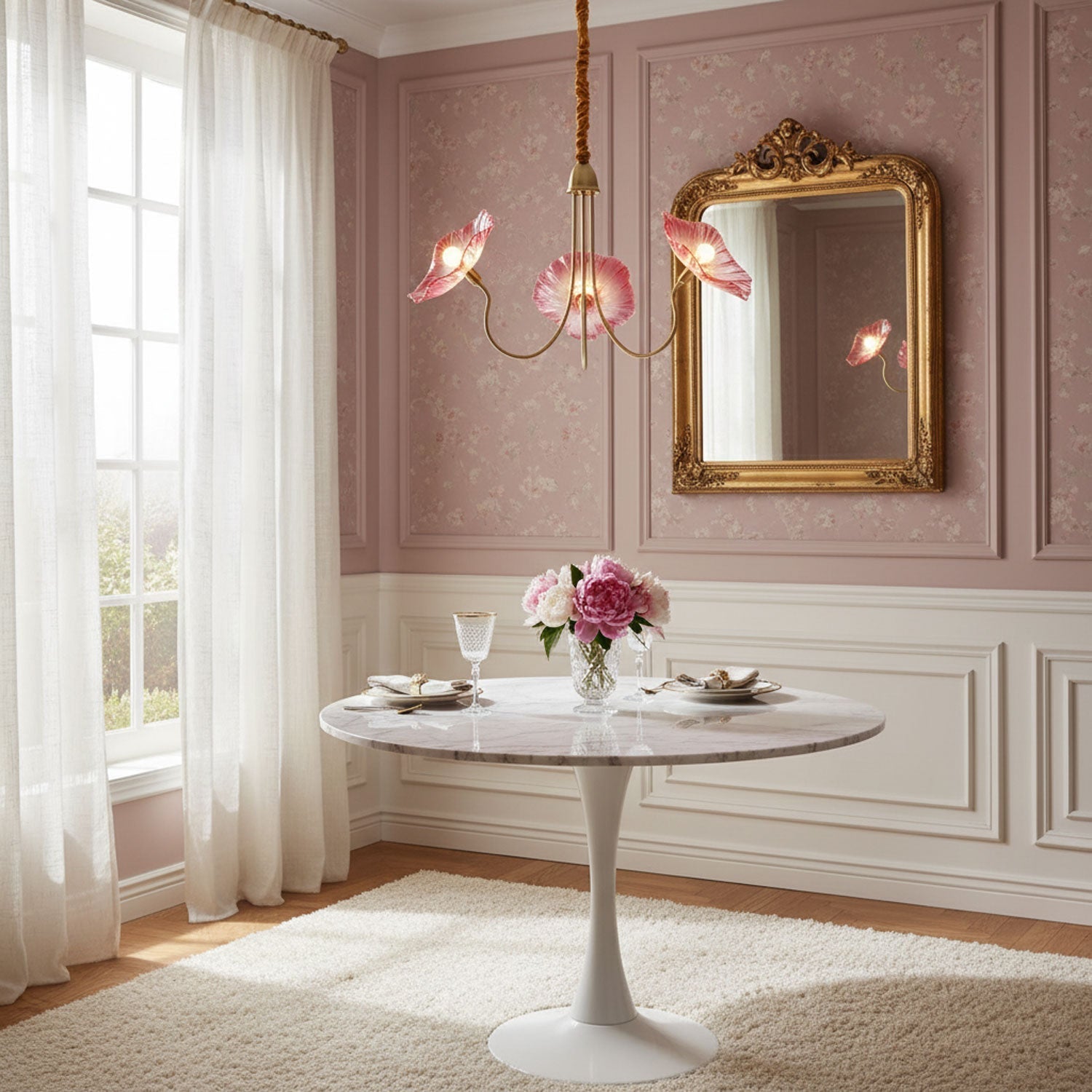 Chandelier, Frosted Leaf Glass Shades, Gold Frame, E27