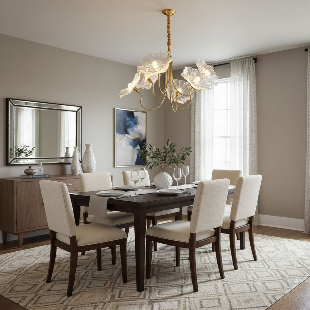 Chandelier, Frosted Leaf Glass Shades, Gold Frame, E27