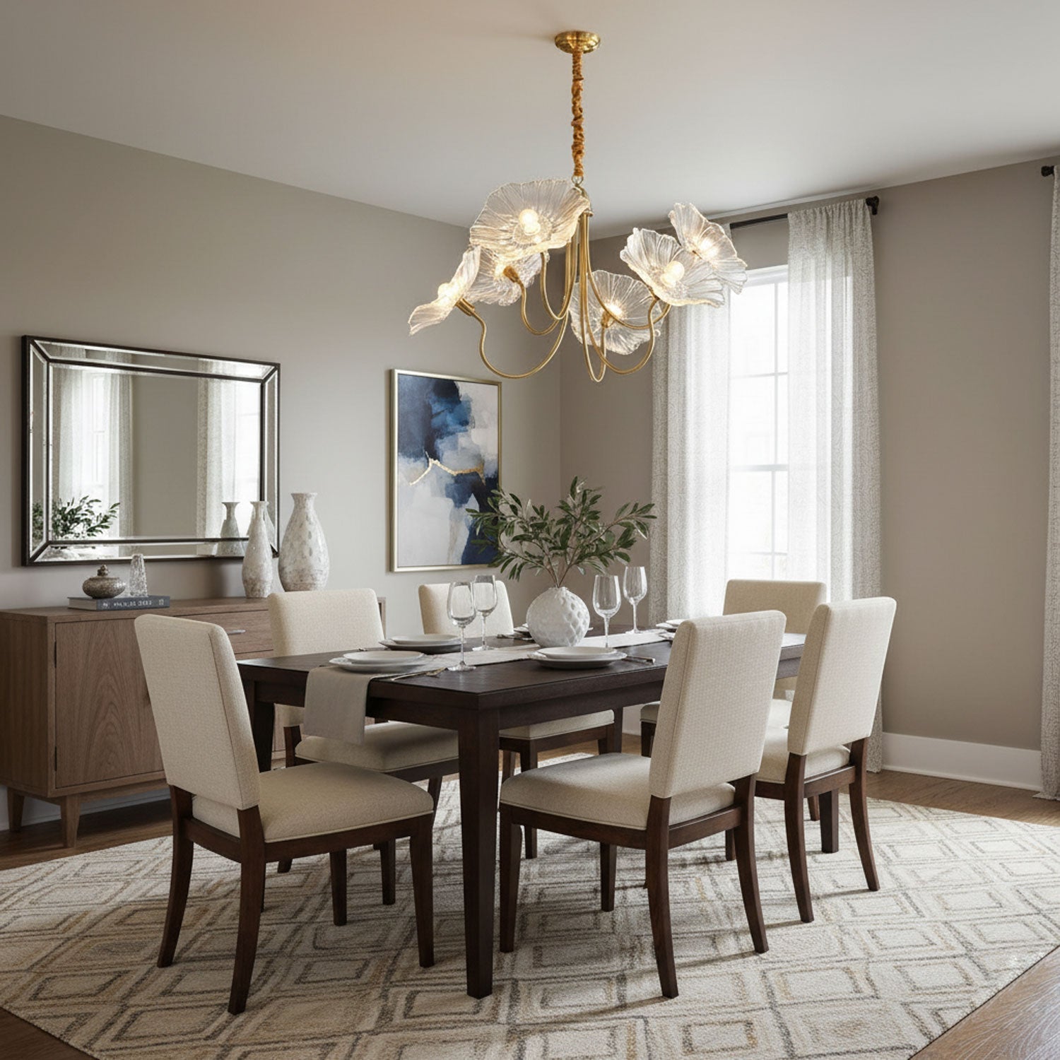 Chandelier, Frosted Leaf Glass Shades, Gold Frame, E27