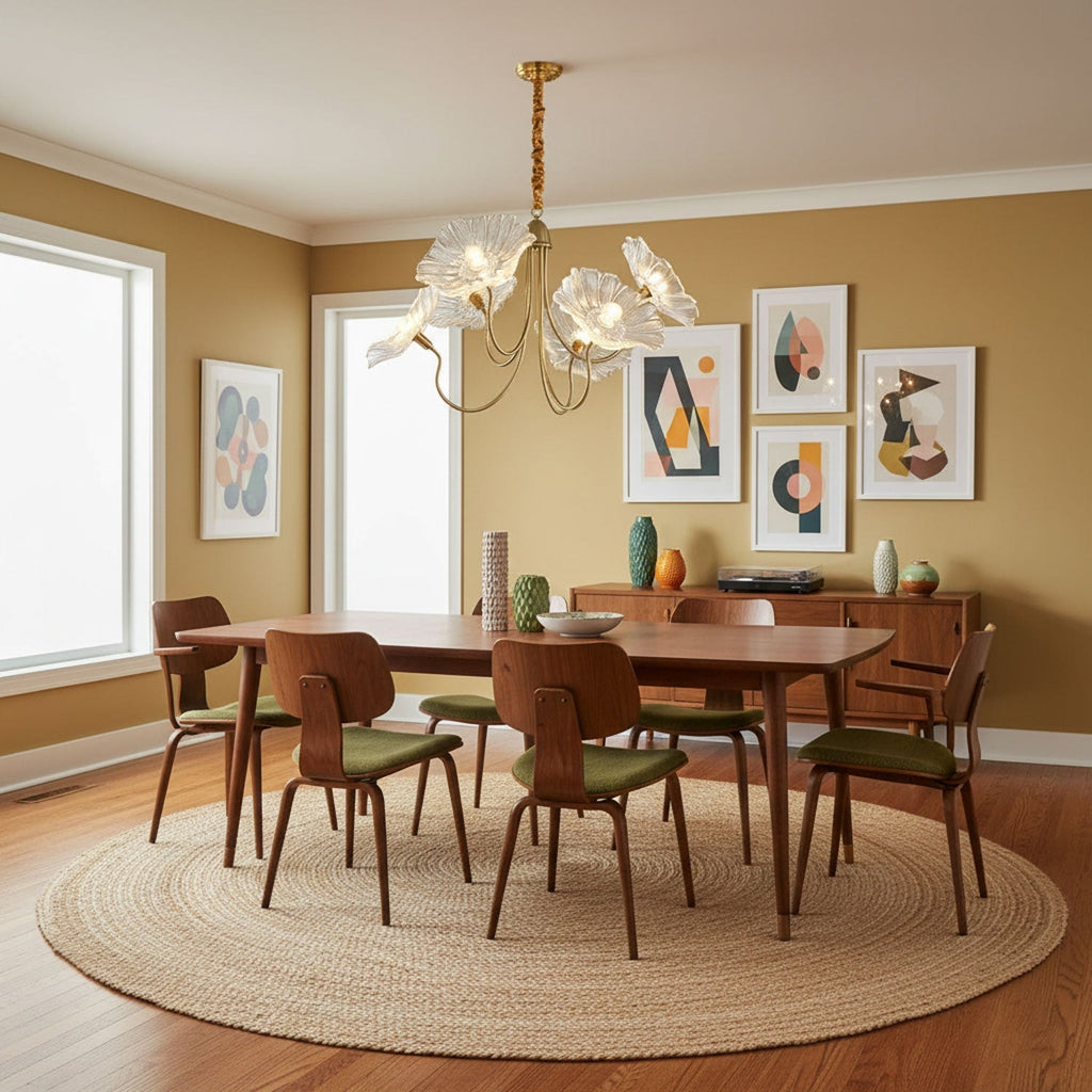 Chandelier, Frosted Leaf Glass Shades, Gold Frame, E27