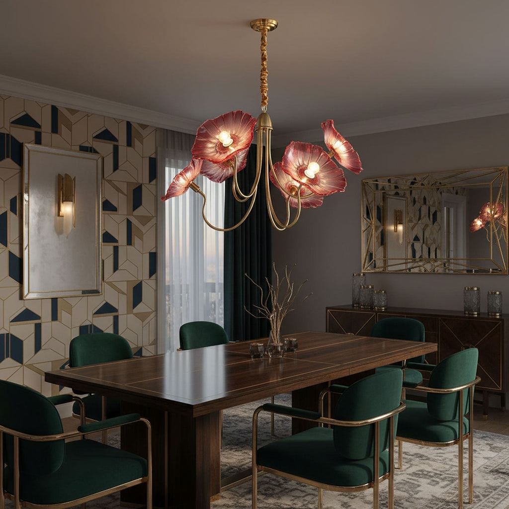 Chandelier, Frosted Leaf Glass Shades, Gold Frame, E27