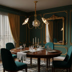 Chandelier, Frosted Leaf Glass Shades, Gold Frame, E27