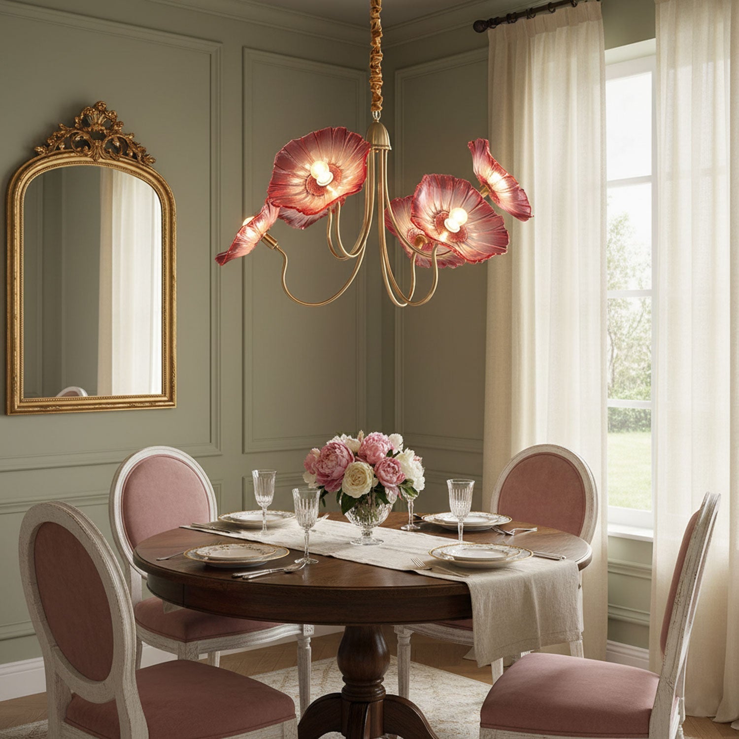Chandelier, Frosted Leaf Glass Shades, Gold Frame, E27