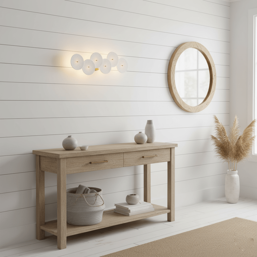 Wall Sconce, White Ceramic Lotus Petals, Gold Spine, G4 Hardwired