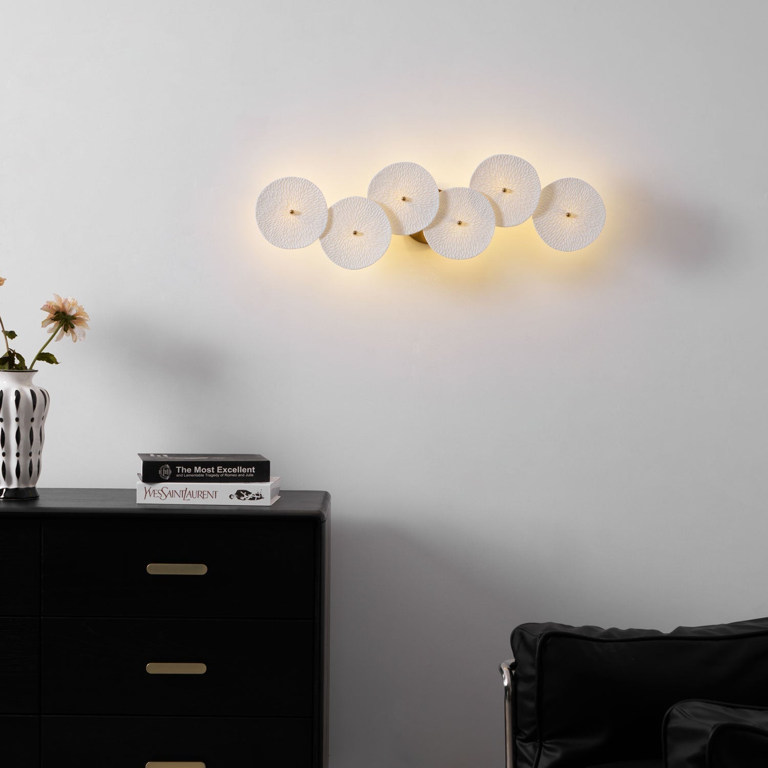 Wall Sconce, White Ceramic Lotus Petals, Gold Spine, G4 Hardwired