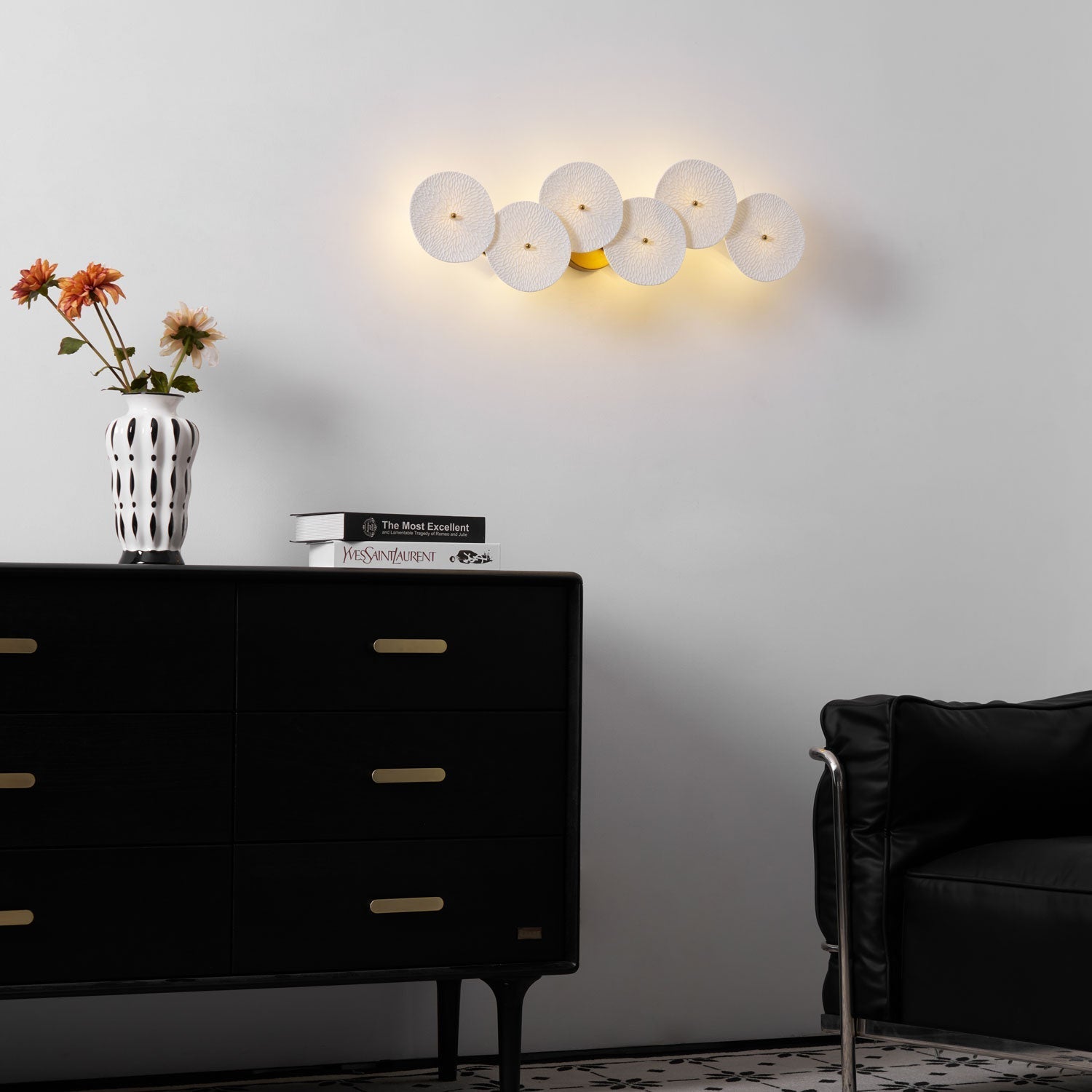 Wall Sconce, White Ceramic Lotus Petals, Gold Spine, G4 Hardwired