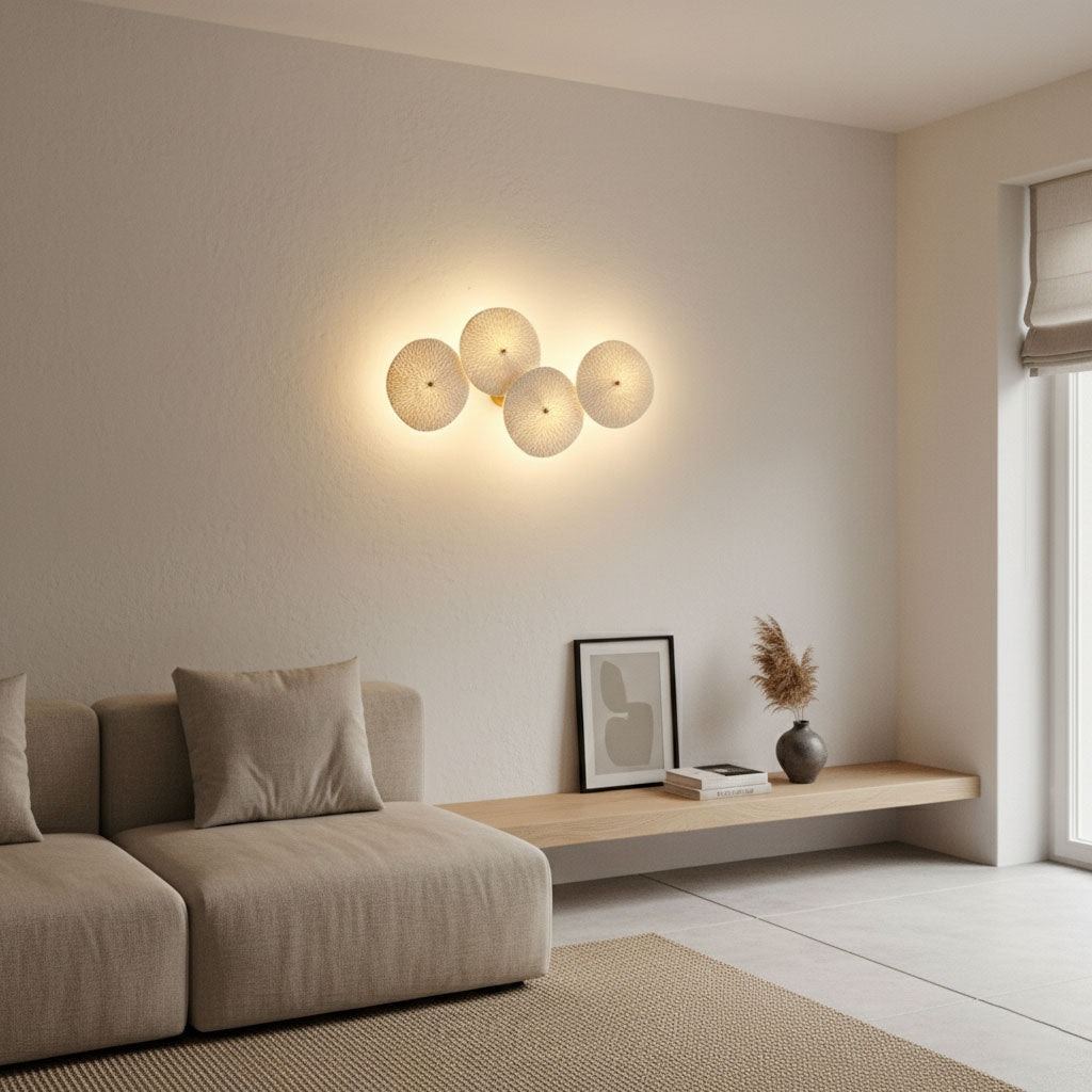 Wall Sconce, White Ceramic Lotus Petals, Gold Spine, G4 Hardwired