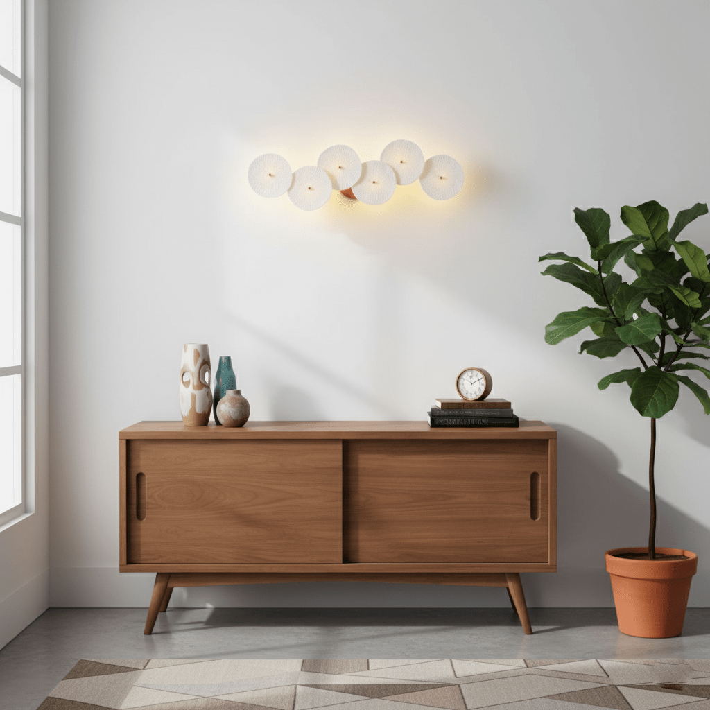 Wall Sconce, White Ceramic Lotus Petals, Gold Spine, G4 Hardwired
