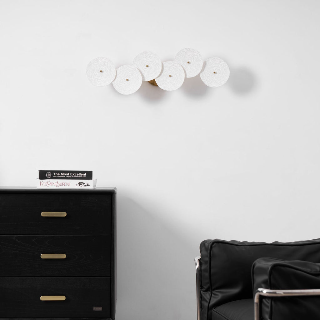 Wall Sconce, White Ceramic Lotus Petals, Gold Spine, G4 Hardwired