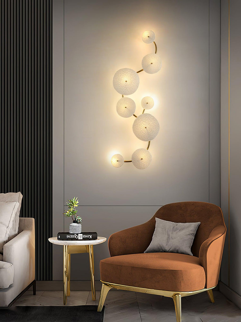 Wall Sconce, White Ceramic Lotus Petals, Gold Spine, G4 Hardwired
