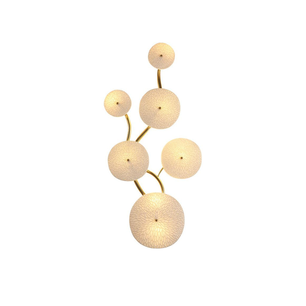 Wall Sconce, White Ceramic Lotus Petals, Gold Spine, G4 Hardwired